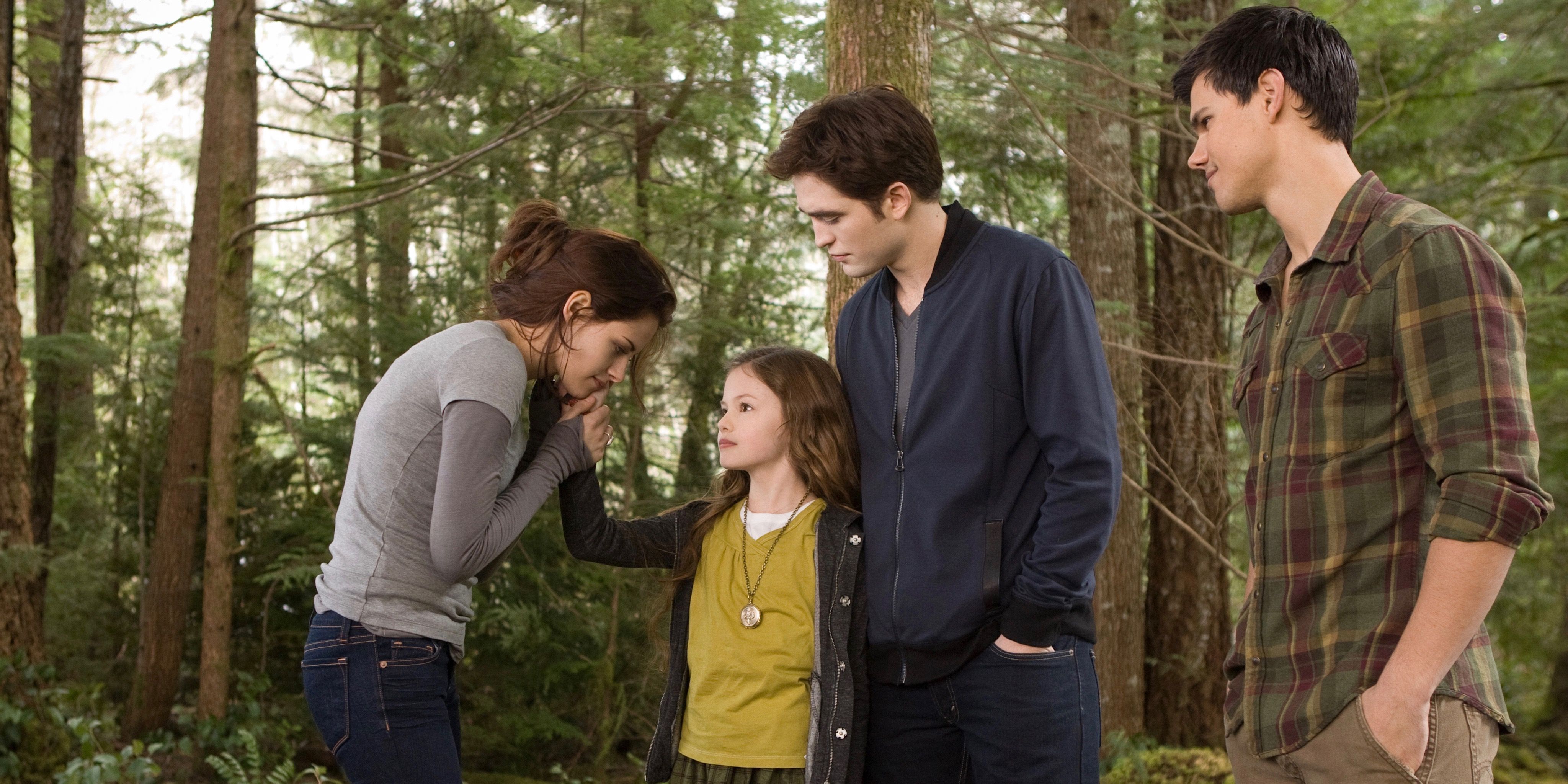 Renesmee, Jacob, Edward, and Bella in The Twilight Saga Breaking Dawn Part 2.