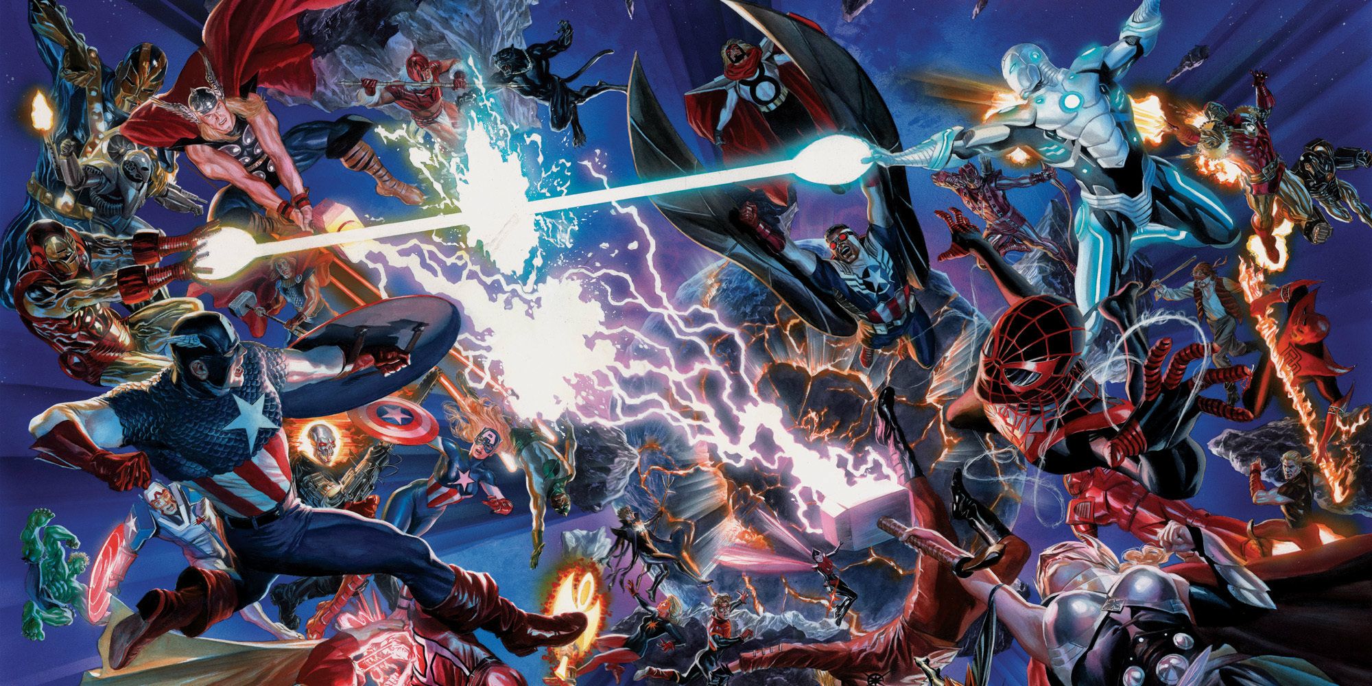 Variants of Marvel characters fight each other in Secret Wars comic.