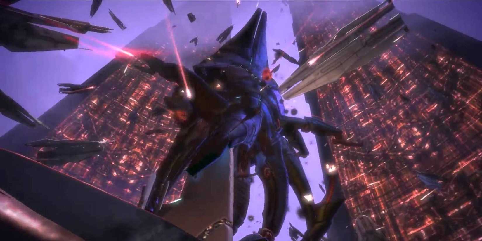 A Reaper attacks a city in a Mass Effect game