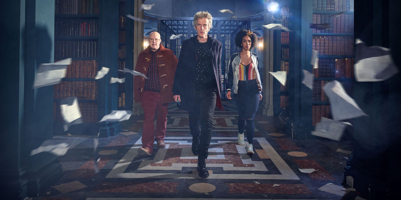 Matt Lucas Peter Capaldi and Pearl Mackie in Doctor Who Extremis