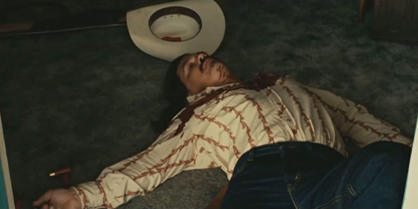 Moss lying dead on the motel floor in No Country for Old Men