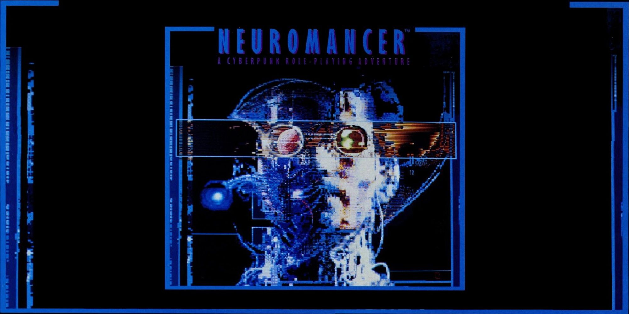 'Neuromancer' video game cover, featuring pixelated man with goggles on