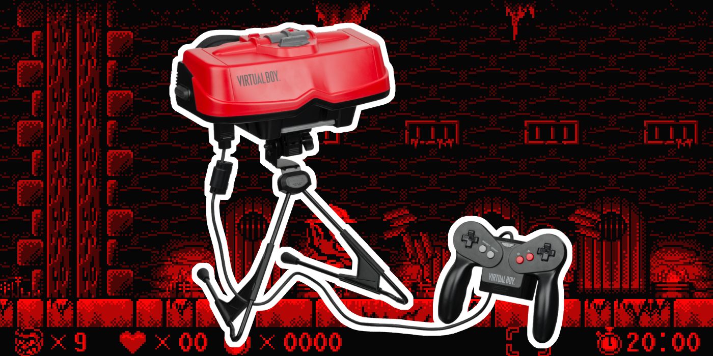 Superimposed image of the Nintendo Virtual Boy with a red video game screenshot.