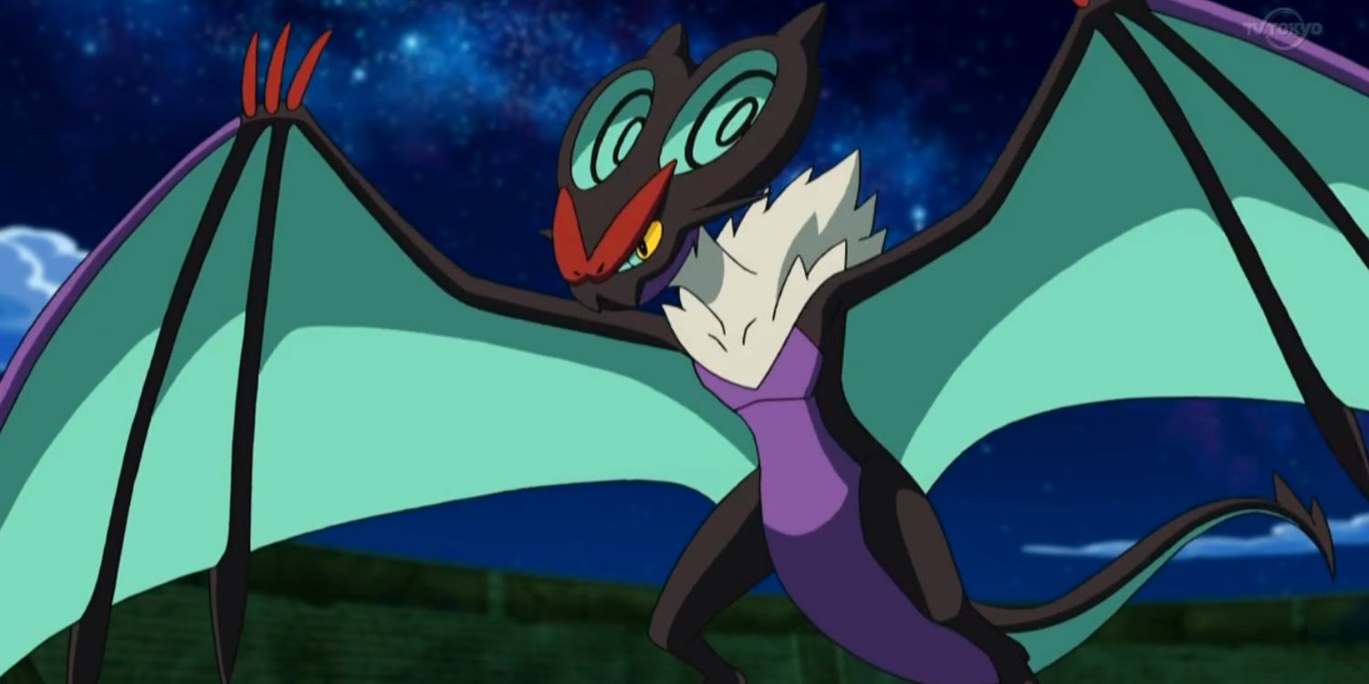 O Noivern de Ash abre suas asas no anime Pokémon.