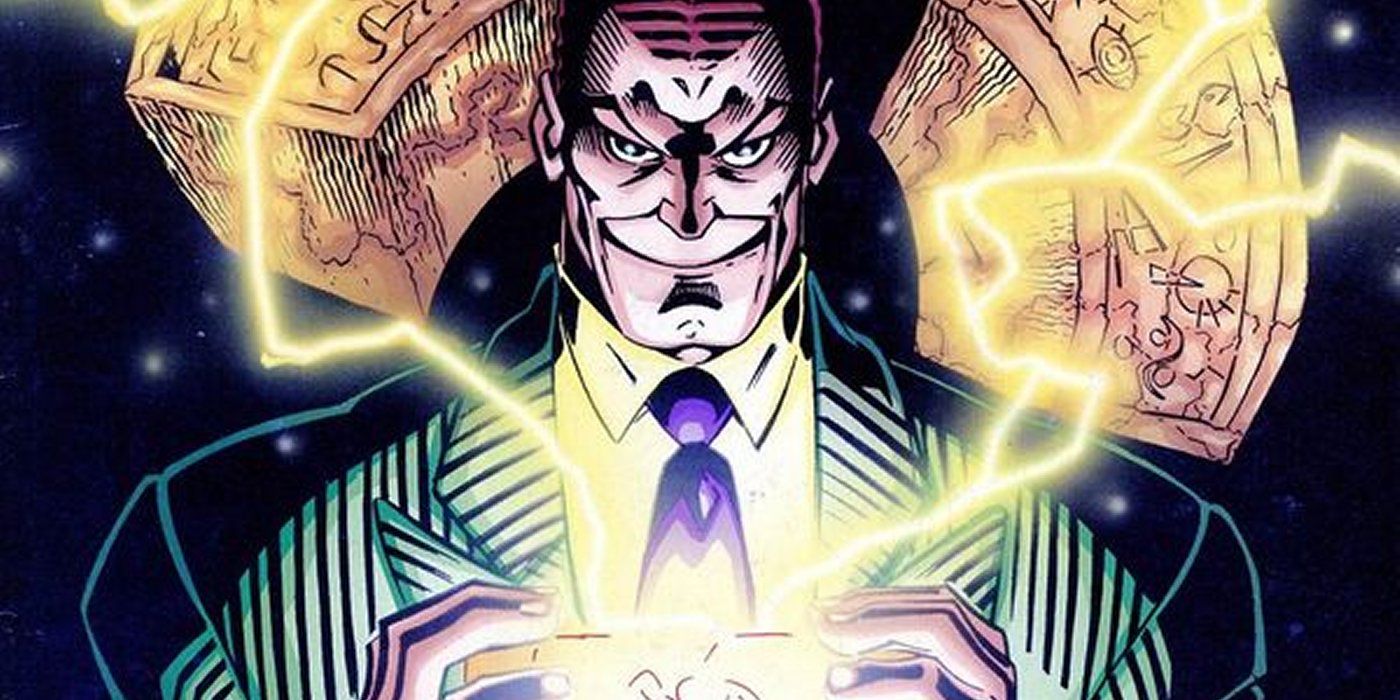 Norman Osborn smiling while lightning come out of a relic on his hands in Marvel Comics.