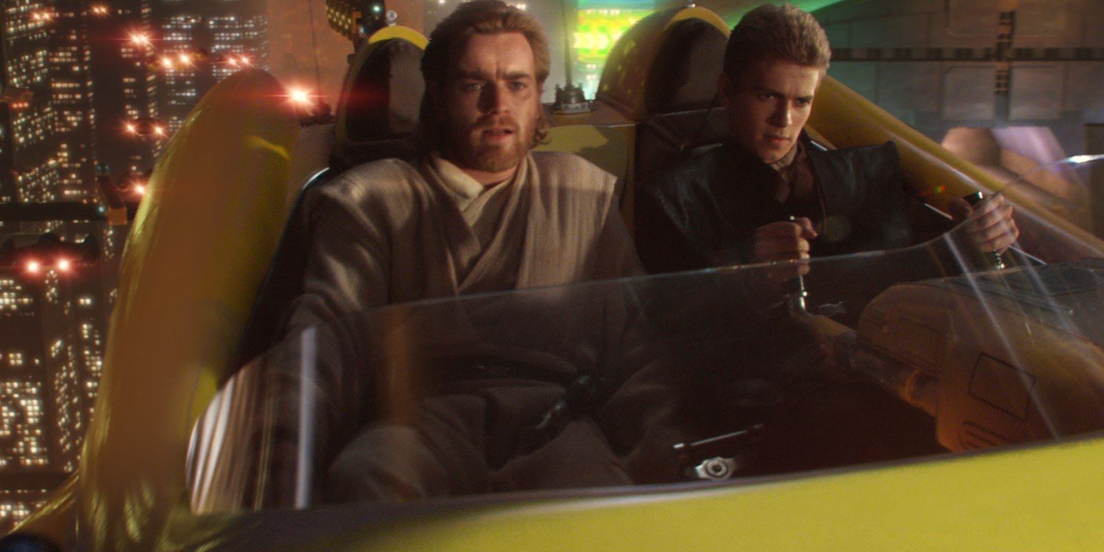 Anakin and Obi-Wan fly a speeder over Coruscant in Attack of the Clones