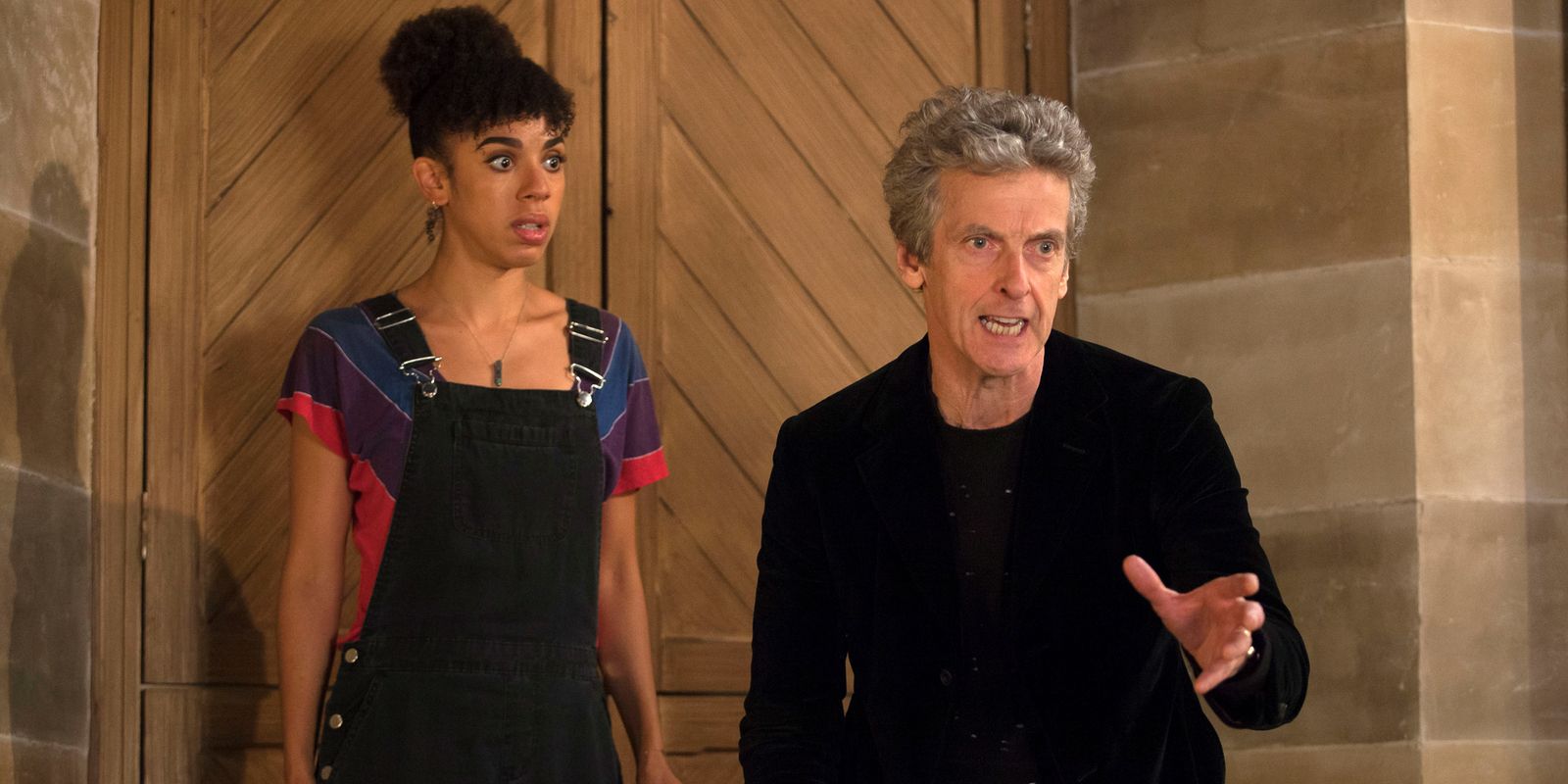 Pearl Mackie and Peter Capaldi in Doctor Who Knock Knock