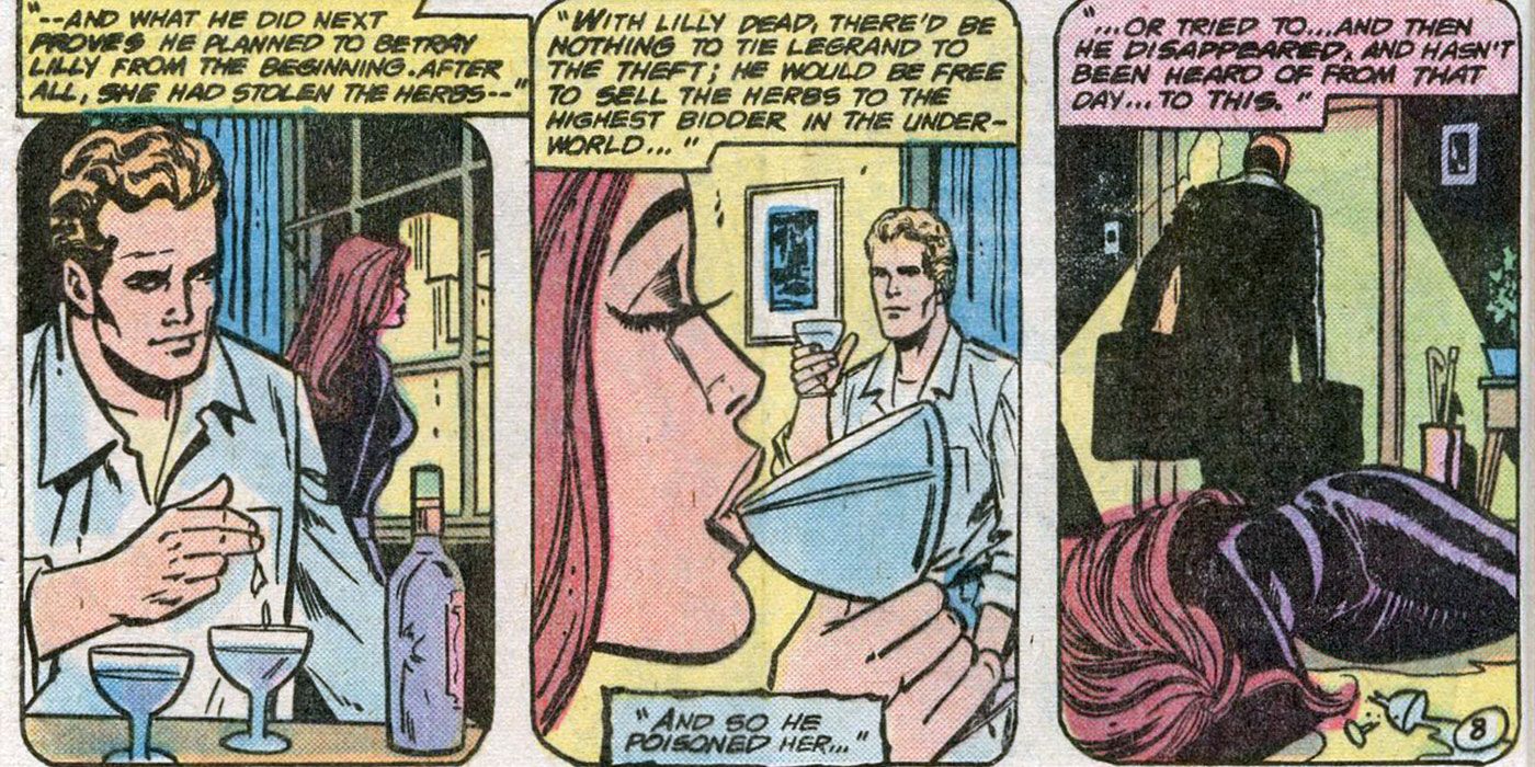 The original Poison Ivy drinks a toxic potion in DC Comics.