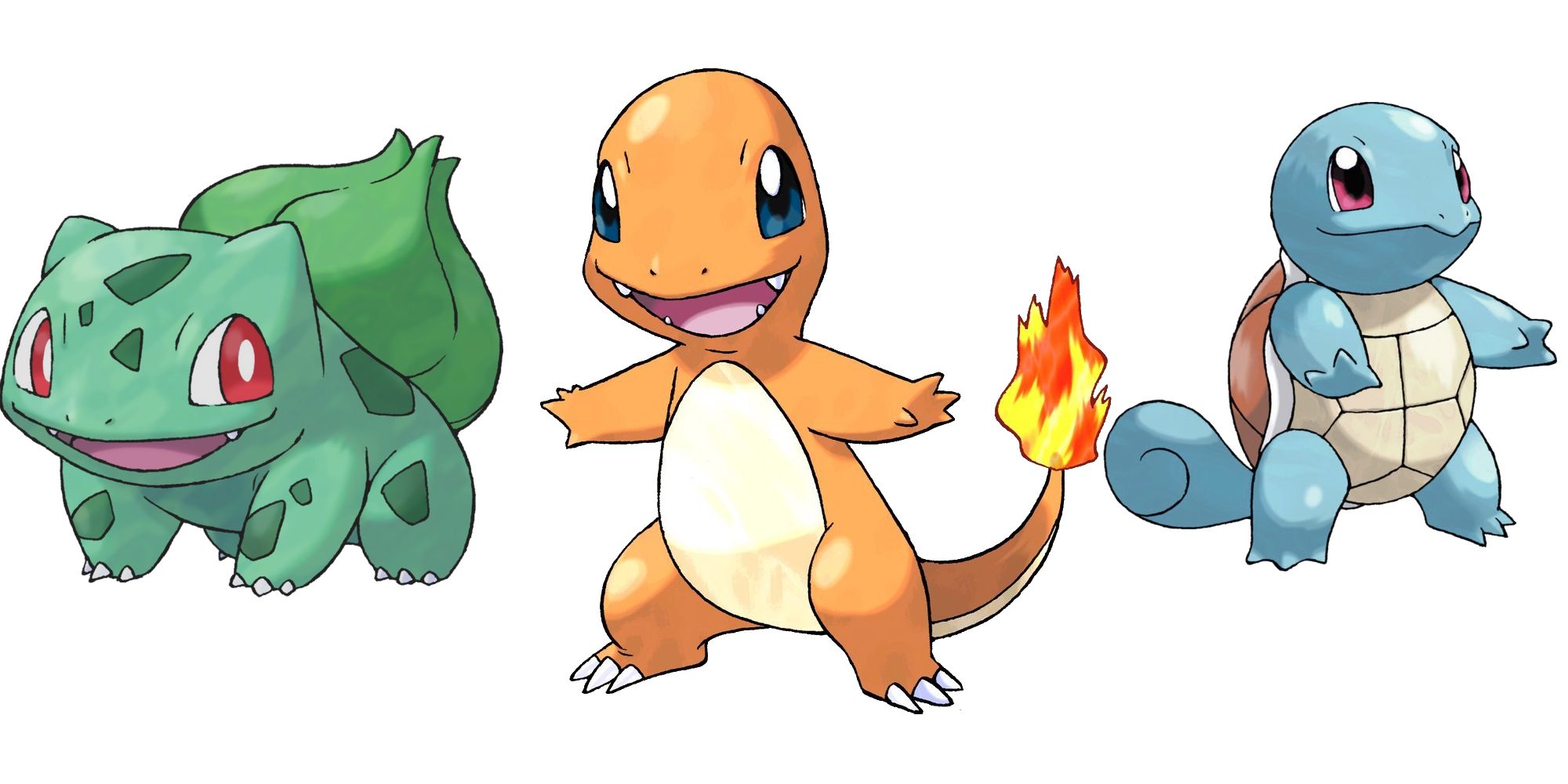 The Kanto Pokemon Starters, Bulbasaur, Charmander, and Squirtle, against a white background