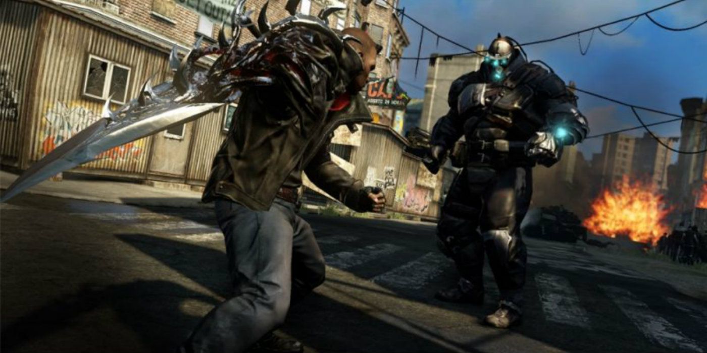 Alex Mercer extending a bladed arm as he fight a villain on a road in Prototype