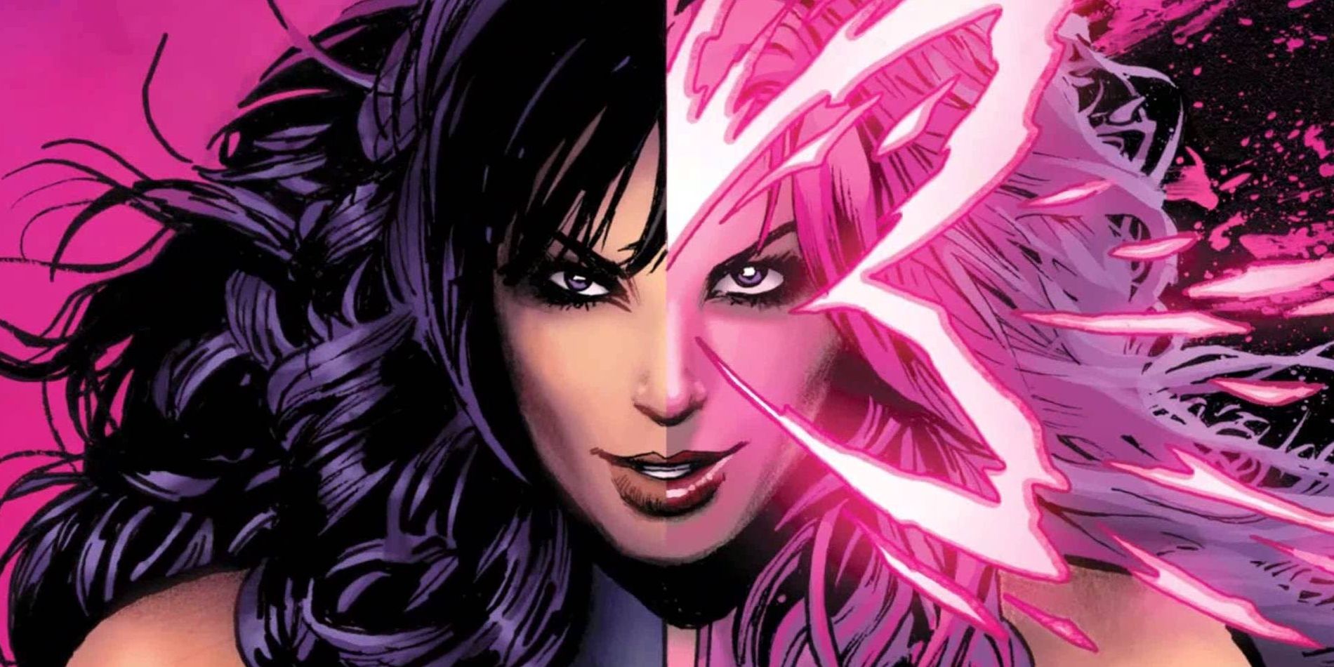 Psylocke emanates pink energy from her head in a Marvel comic.