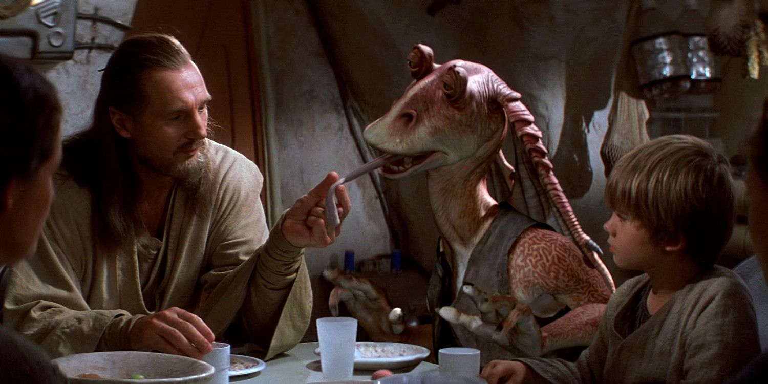 Qui Gon Grabs Jar Jar's Tongue in Star Wars: Episode 1 — The Phantom Menace
