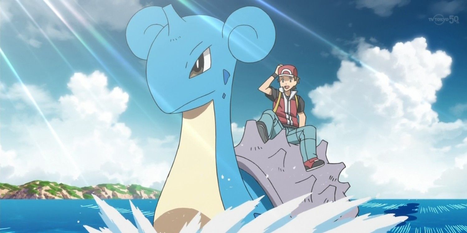 Red rides Lapras on the water in Pokémon.