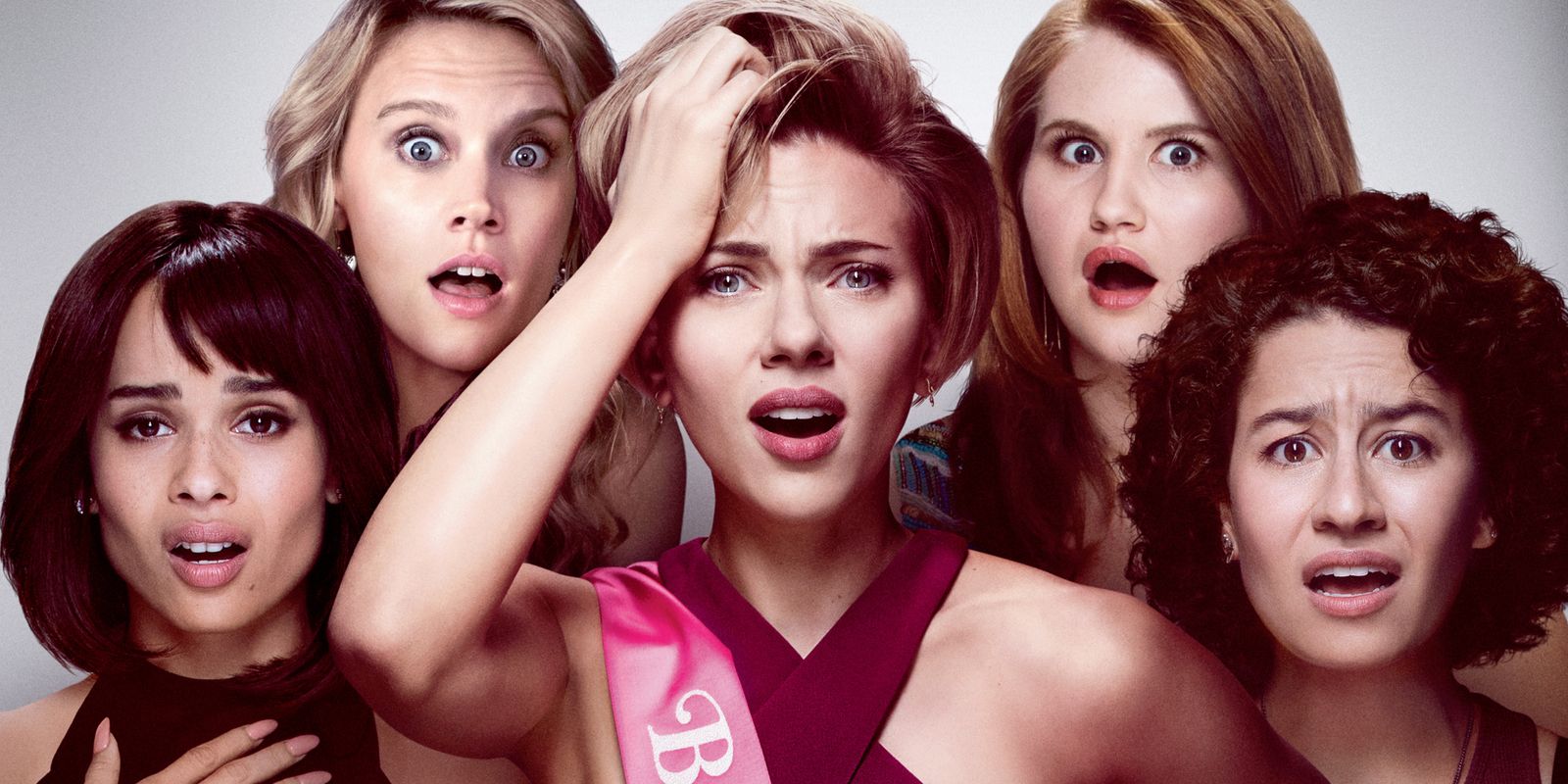 The bride and bridesmaids of Rough Night appearing shocked in a crop of the movie poster