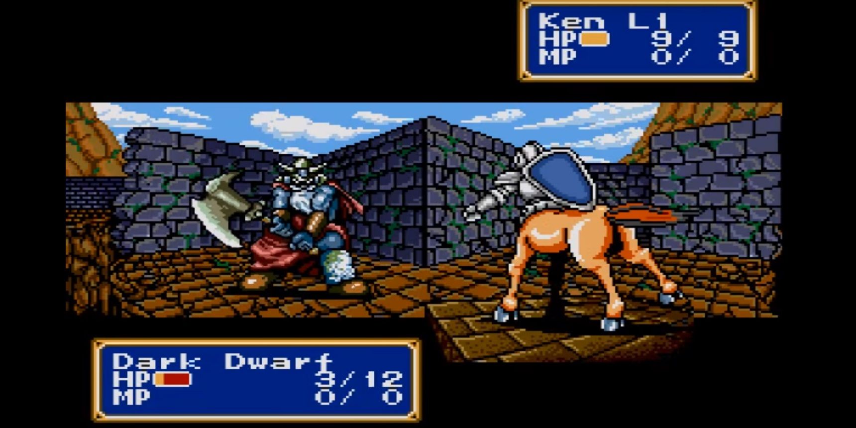 A combat scene in Sega's Shining Force with a knight fighting an enemy