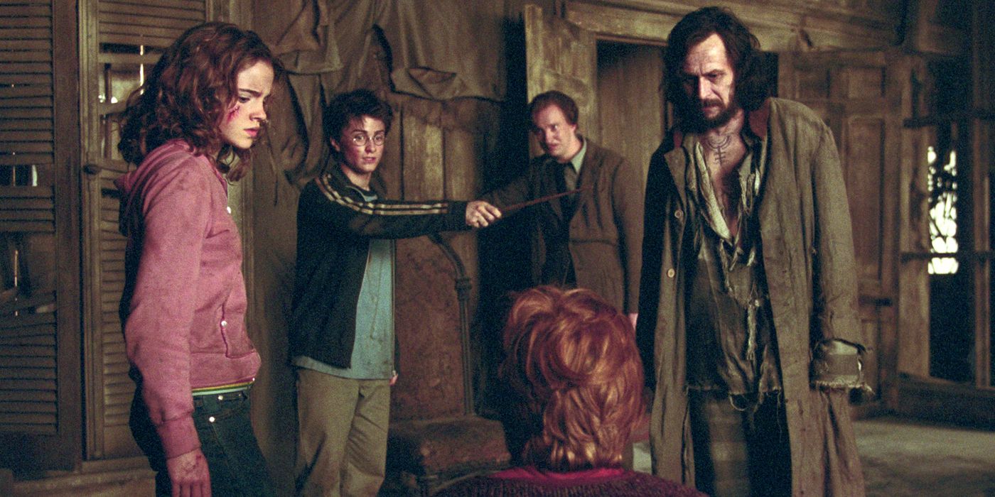 Sirius Black in the Shrieking Shack with Hermione, Harry, Ron, and Remus in Harry Potter and the Prisoner of Azkaban.