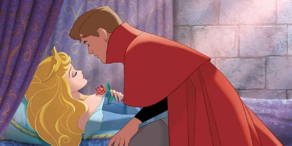 Aurora e o Príncipe prestes a se beijar em A Bela Adormecida