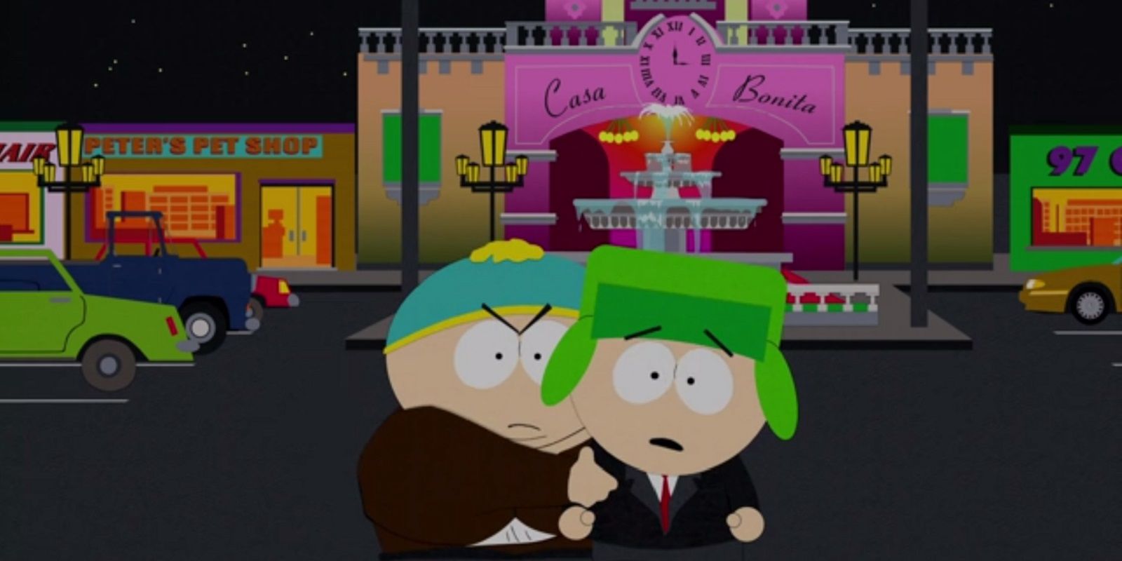 Kyle and Eric fight outside Casa Bonita in South Park