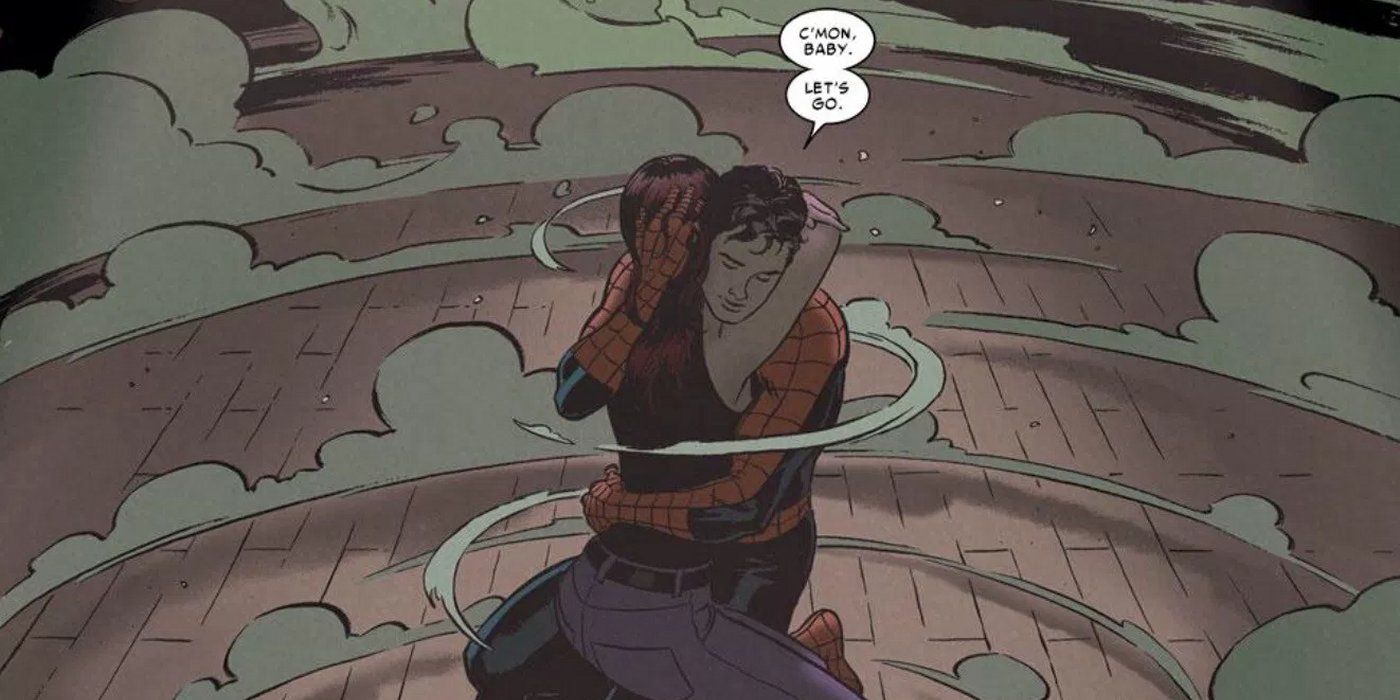 Spider-Man Mary Jane hugging in One Moment in Time Marvel