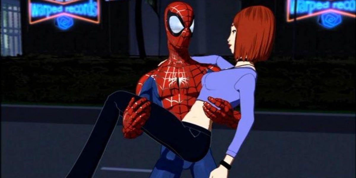 Spider-Man carries Mary Jane in 2003's Spider-Man The New Animated Series