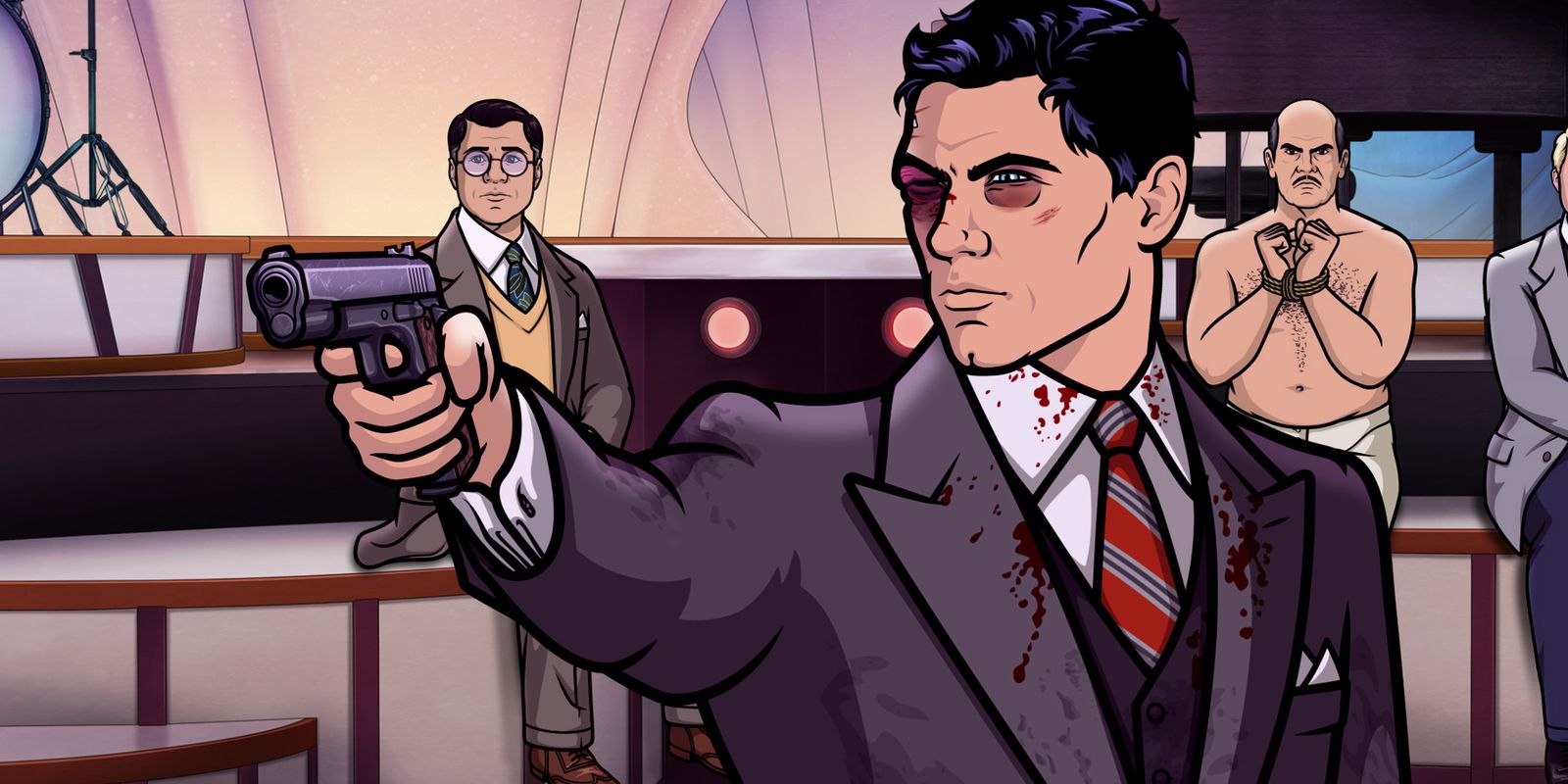 Archer points a gun as others watch in the background