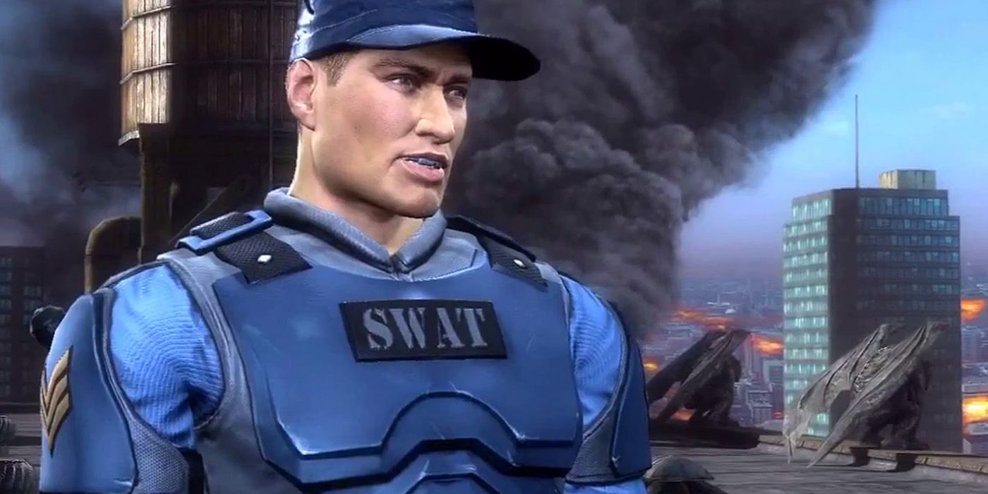Stryker wears a S.W.A.T. Outfit and stands in front of an explosion in Mortal Kombat