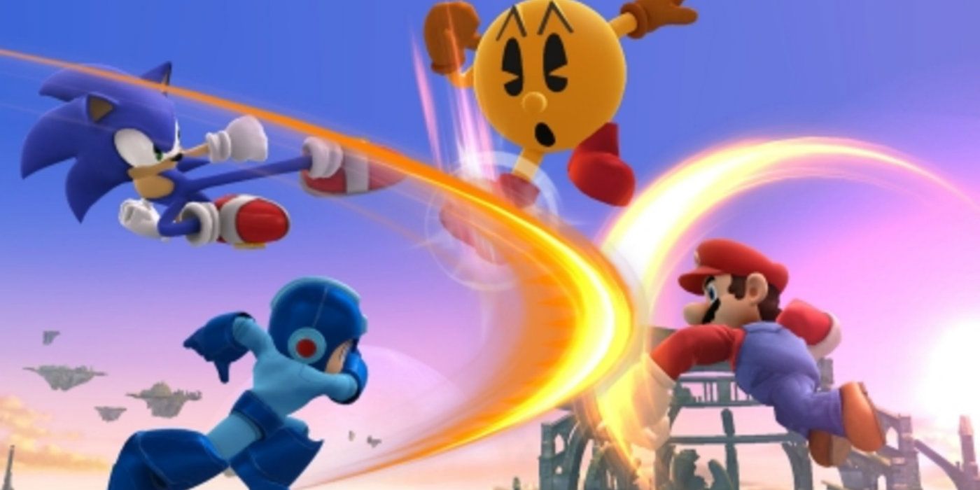 Mario, Sonic, Pac-Man, and Mega Man fighting in Super Smash Bros Wii U.