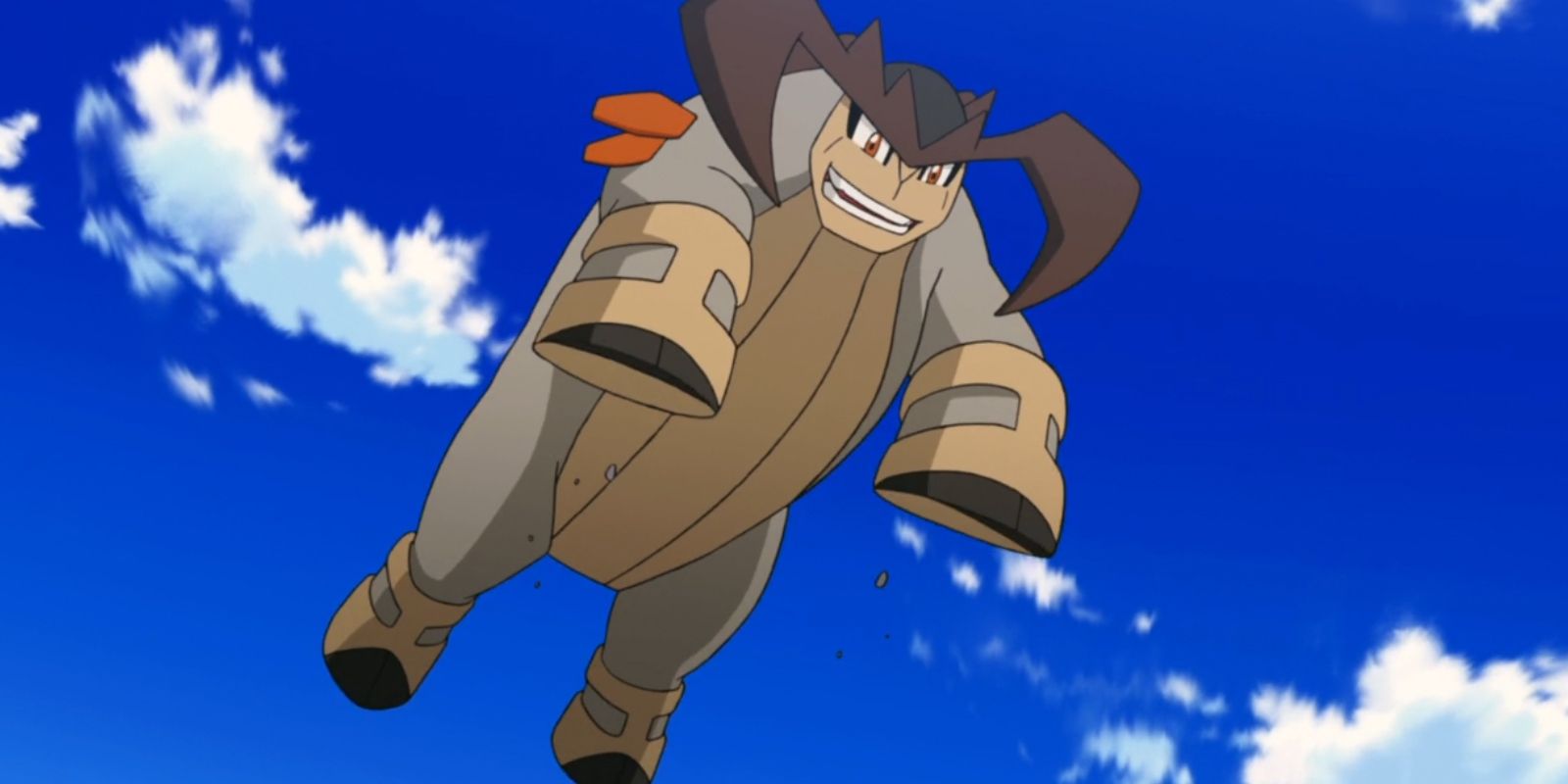 Terrakion jumps and prepares to strike in the Pokemon anime