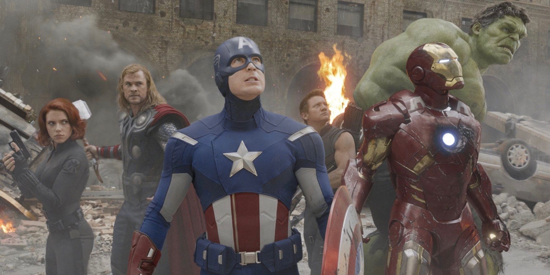 The Avengers together and looking up among the wreck in 2012's The Avengers.