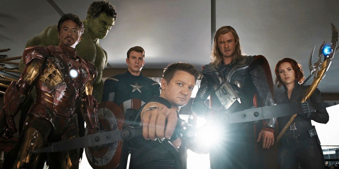 Iron Man, Hulk, Cap, Thor, and Black Widow corner Loki with Hawkeye pointing his arrow in The Avengers
