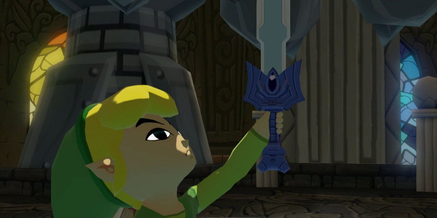 Link holding the Master Sword aloft in The Legend of Zelda: The Wind Waker