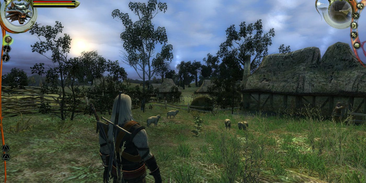 Geralt standing in an open field in The Witcher original 2007