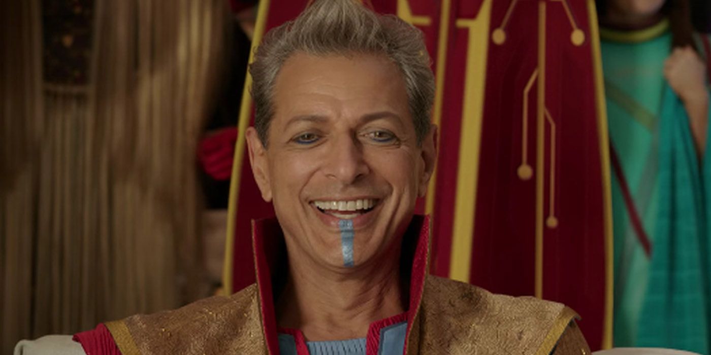Jeff Goldblum laughs at the crowd as the Grandmaster in Thor: Ragnarok.