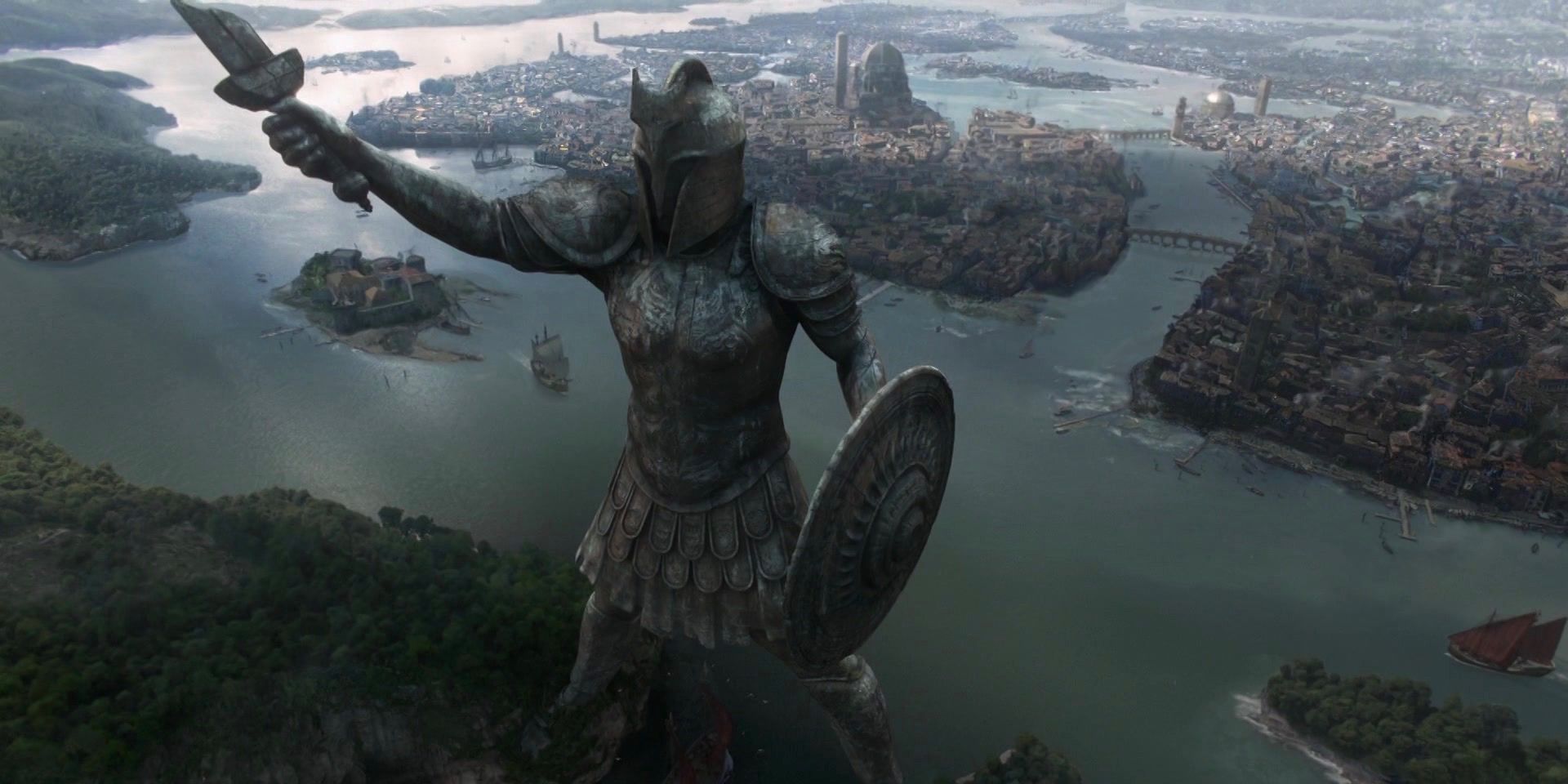An aerial view of the Titan of Braavos in Game of Thrones