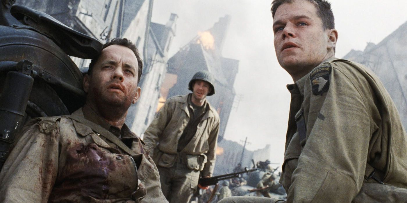 Several wounded soldiers look on in Saving Private Ryan