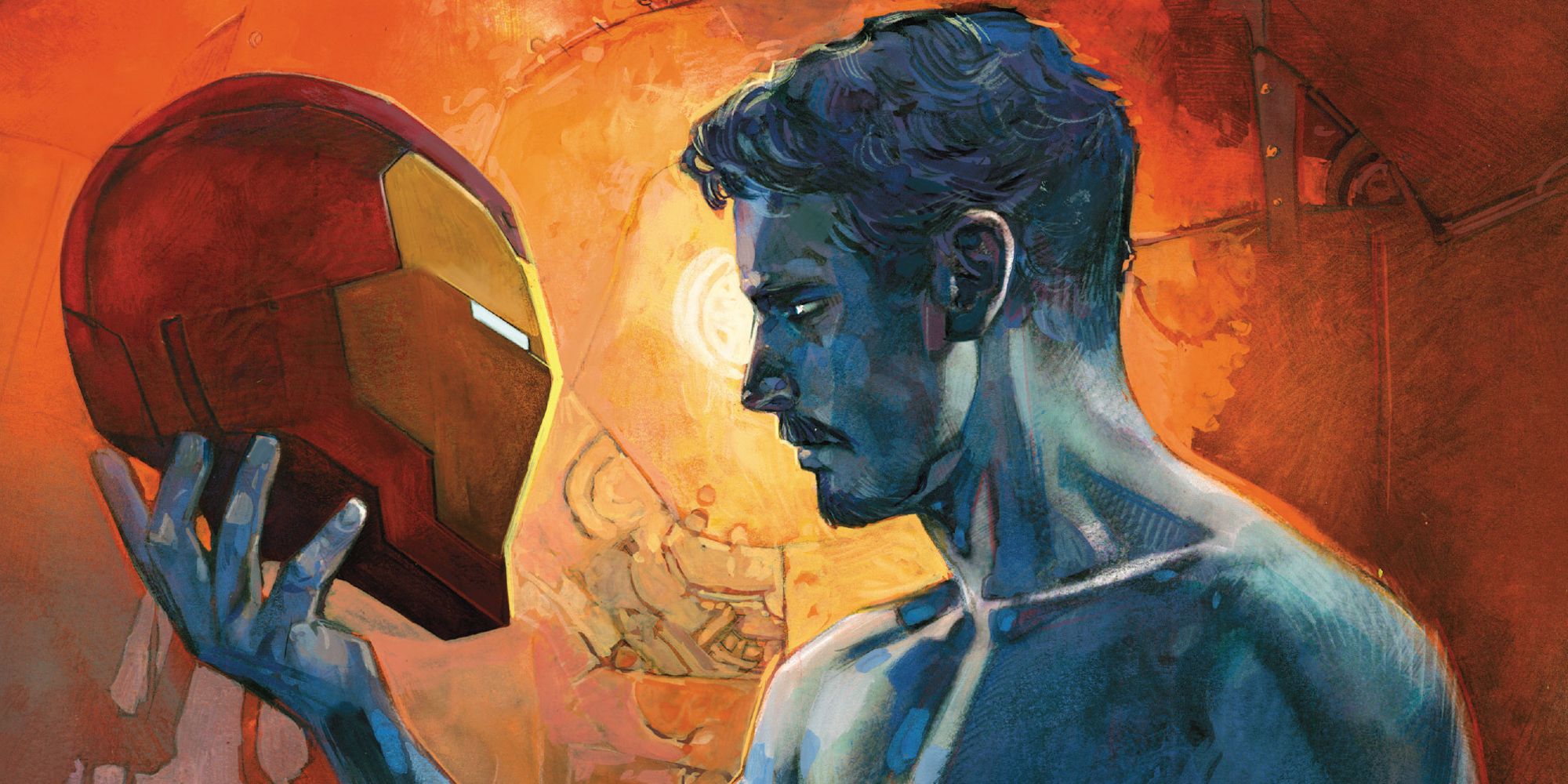 Tony Stark holding the Iron Man helmet in Marvel Comics