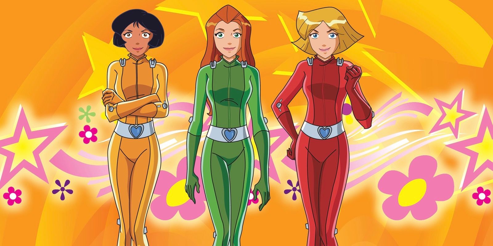 Alex, Sam, and Clover walking in front of a floral background in Totally Spies!