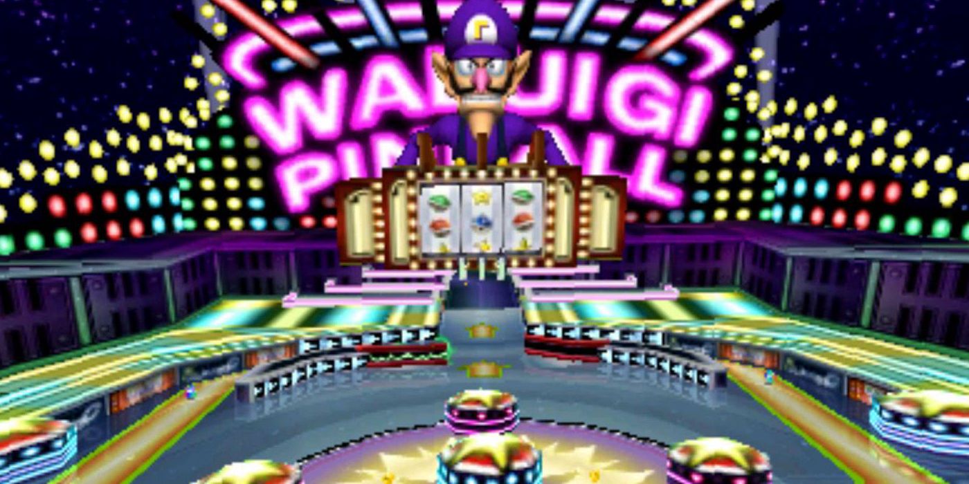 Waluigi appears over a giant pinball machine in Mario Kart.