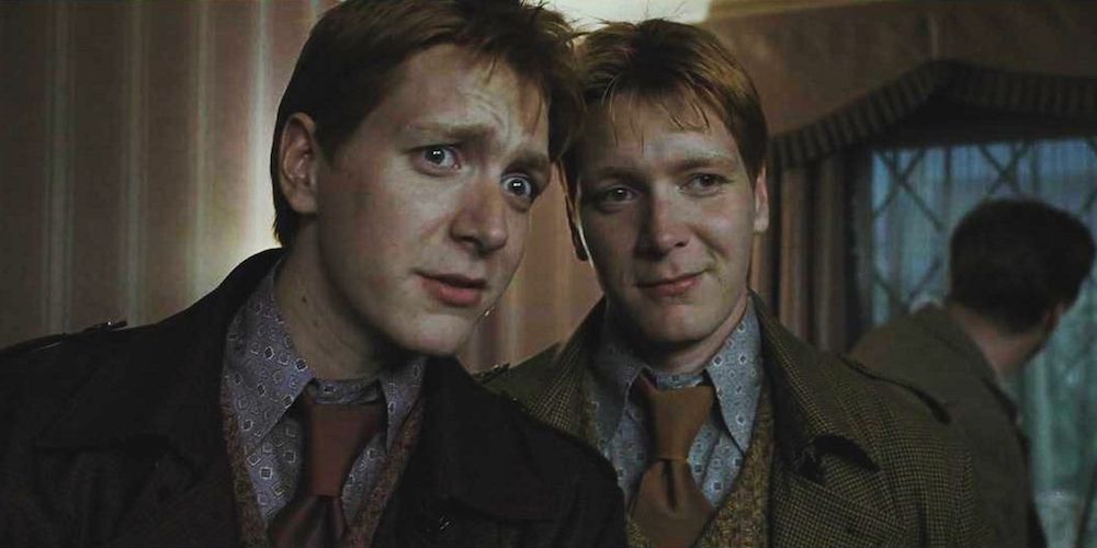 Fred and George Weasley prepare to transform into Harry in Harry Potter and the Deathly Hallows: Part 1