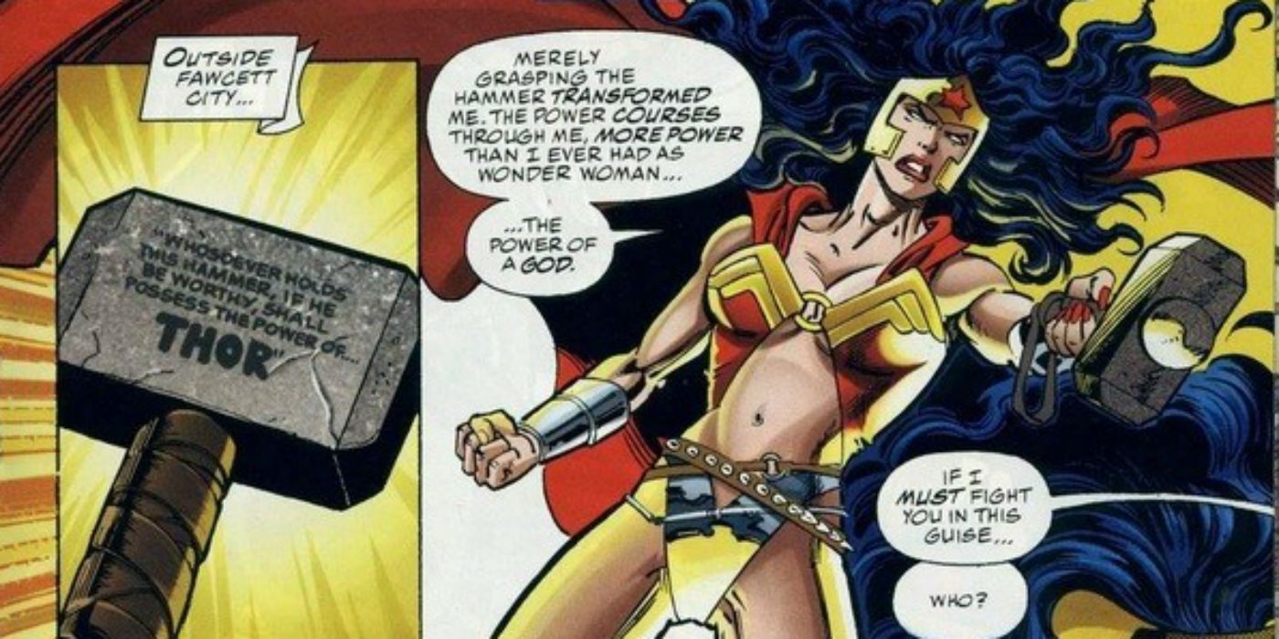 Wonder Woman lifts Thor's hammer