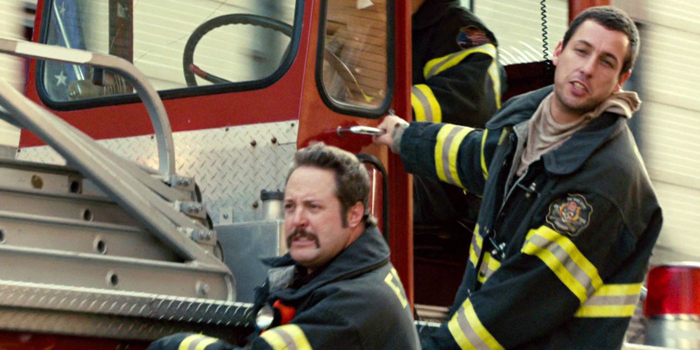 Kevin James and Adam Sandleron a fire truck in I Now Pronounce You Chuck and Larry
