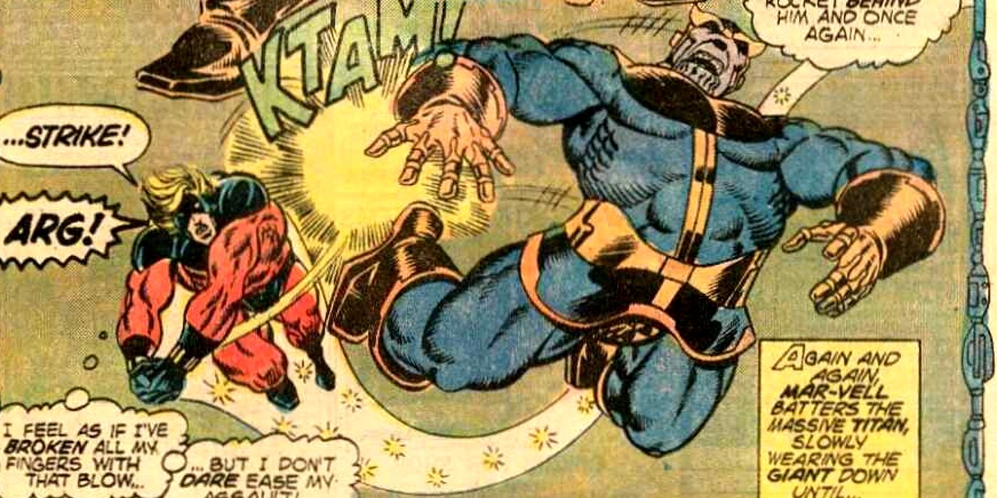 The Mar-Vell version of Captain Marvel fights Thanos