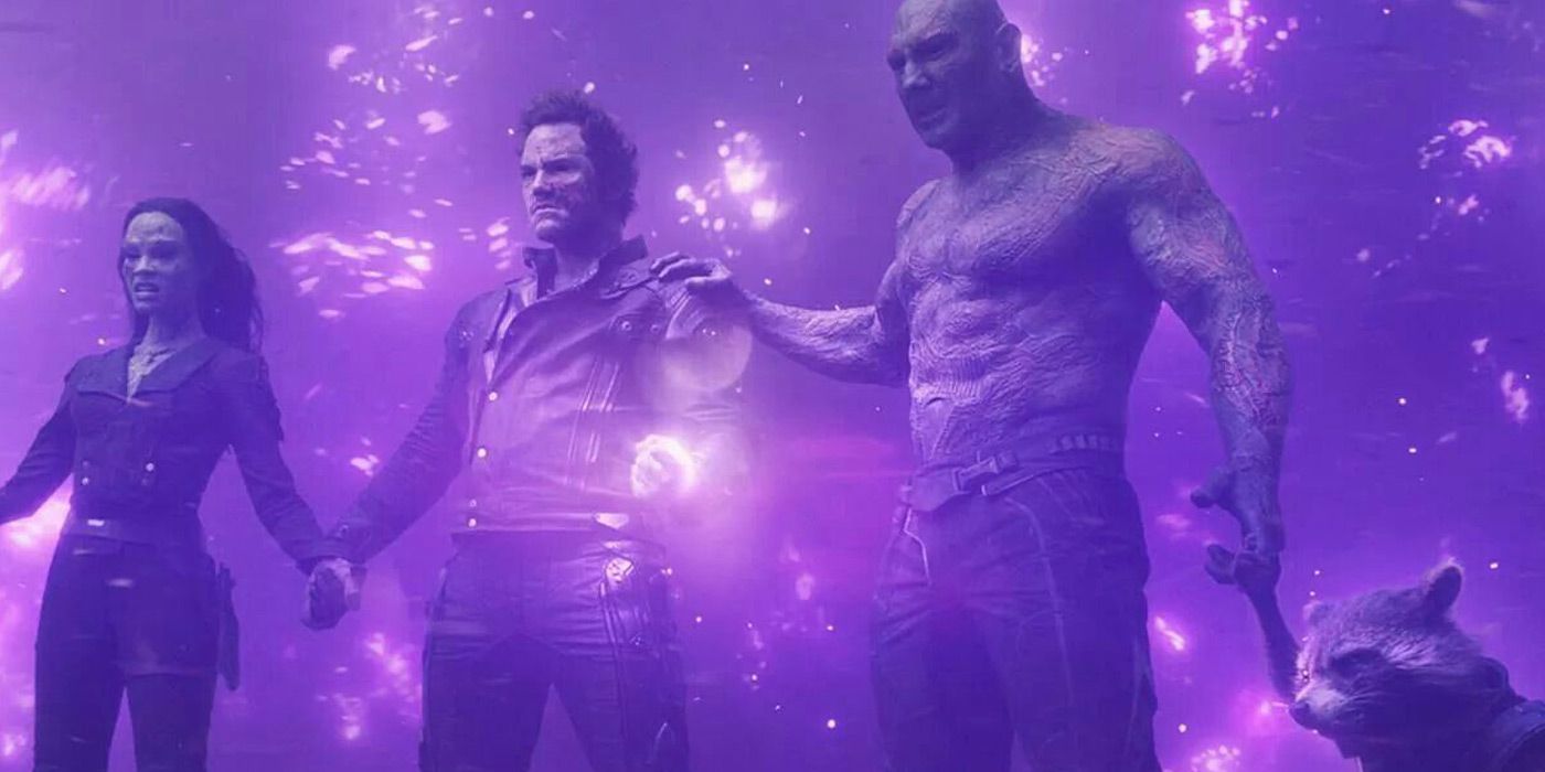 Guardians of the Galaxy holding an Infinity Stone together