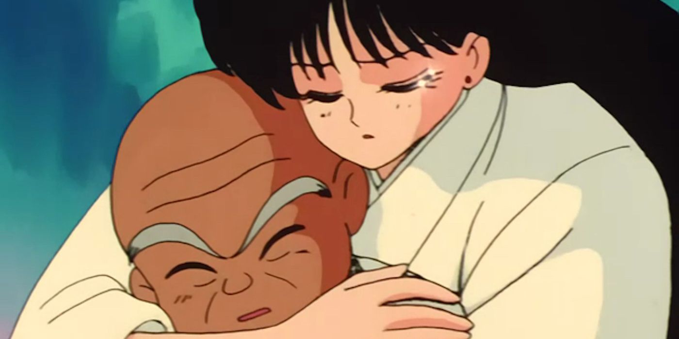 Rei hugs her grandfather in Sailor Moon