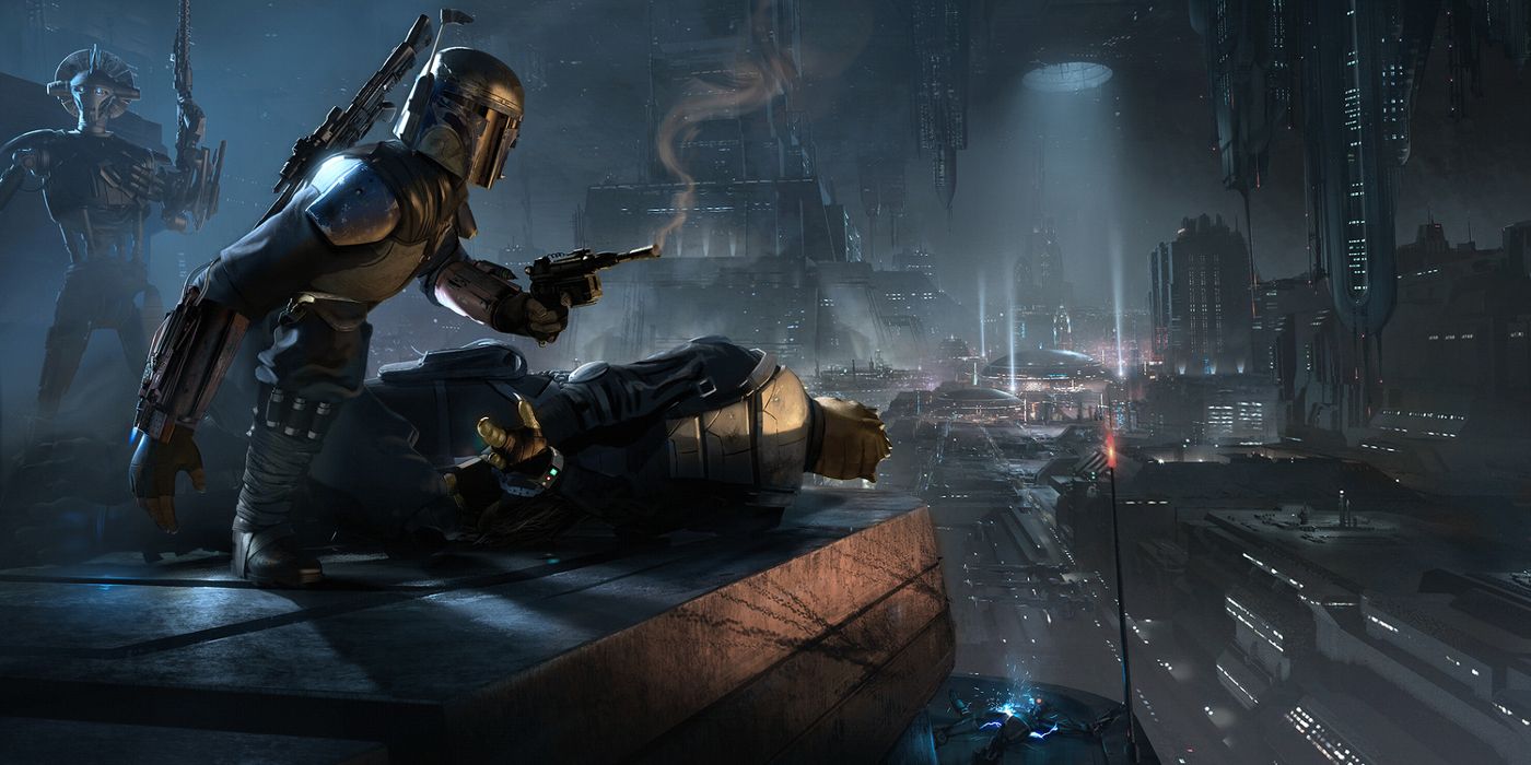 Boba Fett crouches over a kill in the concept art for the cancelled Star Wars 1313 video game