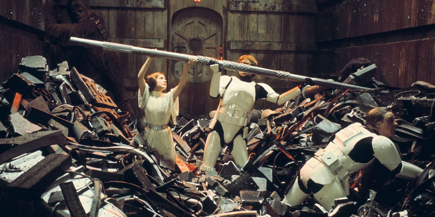 Luke, Han, and Leia try to stop the trash compactor in Star Wars