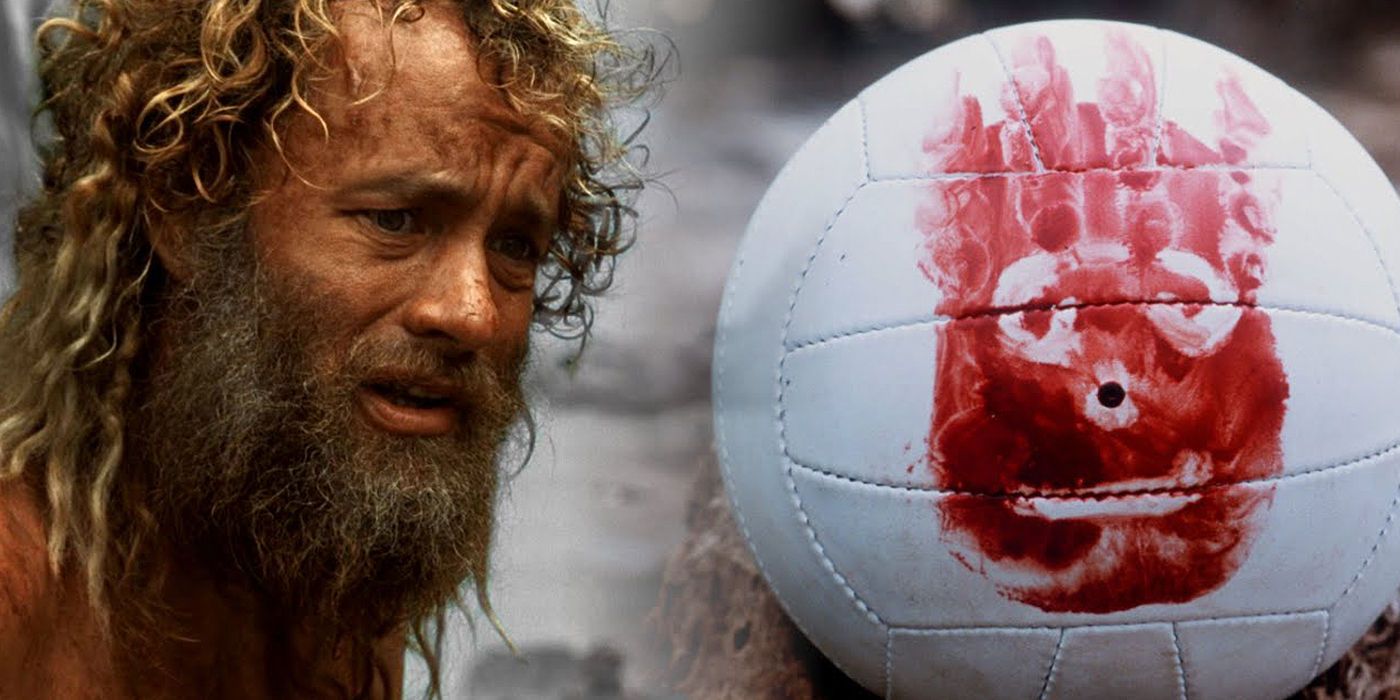 Tom Hanks as Chuck Noland and Wilson the volleyball in Castaway