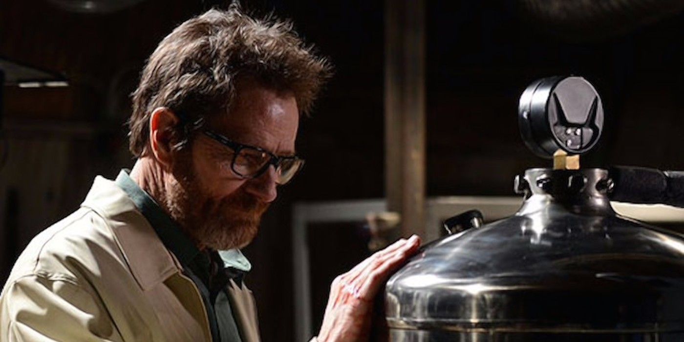Walter strokes a tank in a meth lab in Breaking Bad