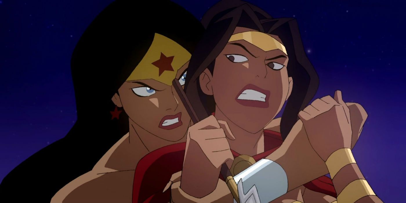 wonder woman fighting olympia in Justice League Crisis on Two Earths