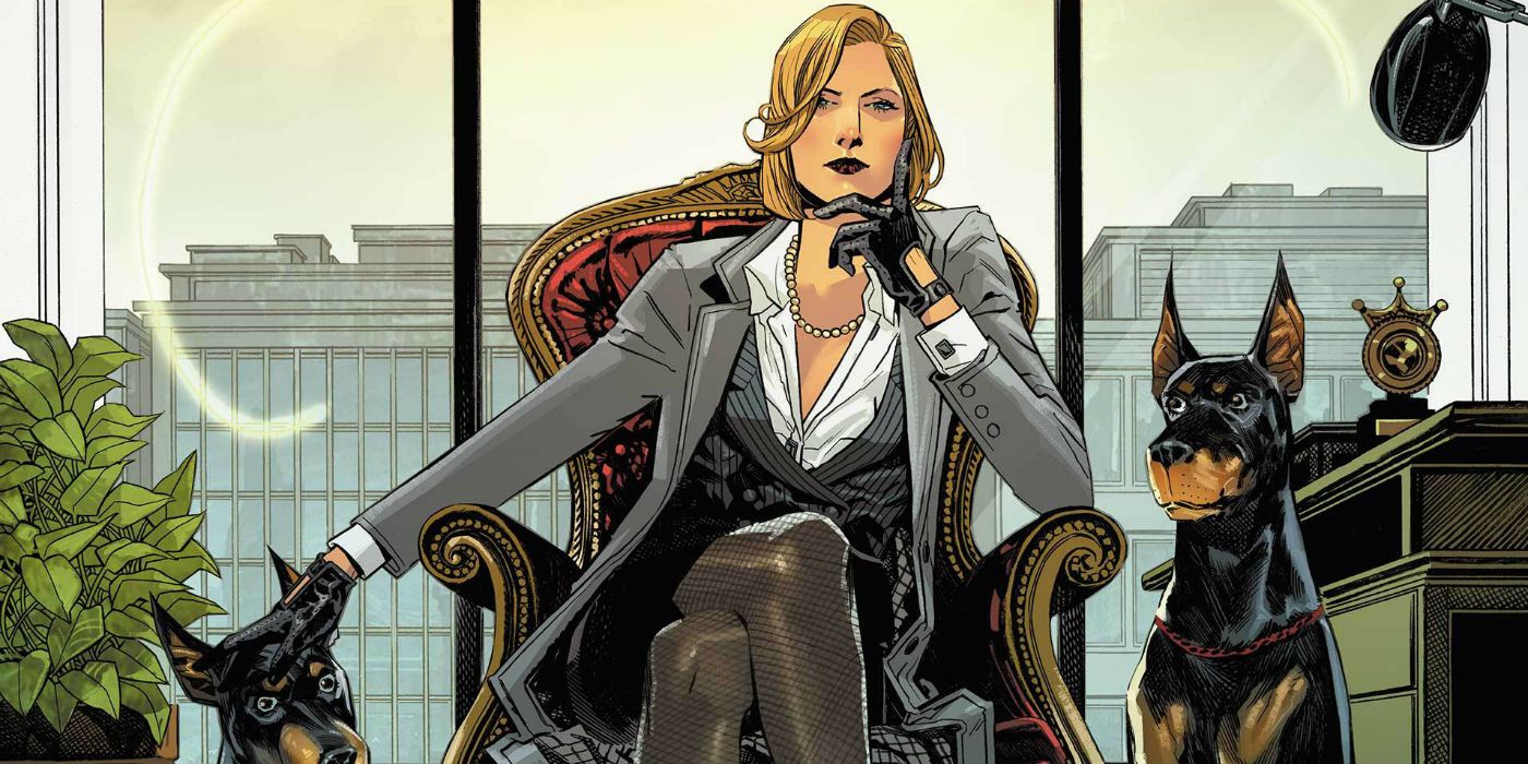 Veronica Cale with her dogs in her office in Wonder Woman comics